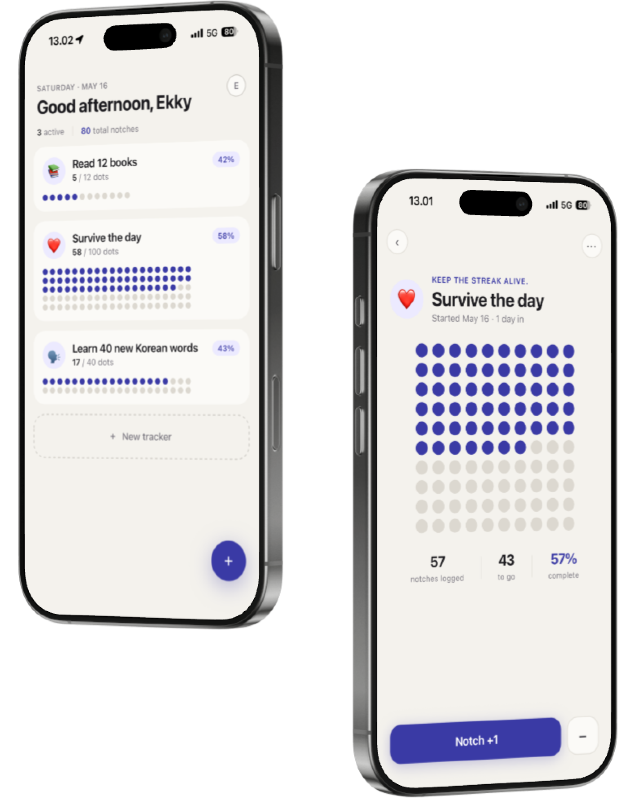 Notch app screens showing tracker list and dot grid progress